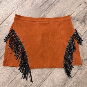 SHEIN CURVE Western Fringe Faux Suede Skirt | 3XL | Dark Tan